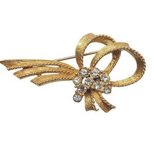 Vintage Bow-Shaped Gold Tone Rhinestone Brooch Pin